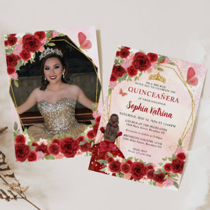 Burgundy Red Floral Princess Quinceañera Photo Invitation