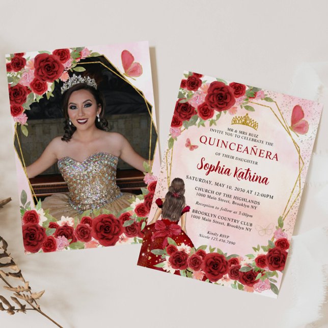Burgundy Red Floral Princess Quinceañera Photo Invitation (Creator Uploaded)