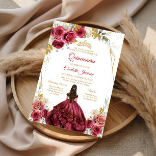 Burgundy Red Floral Quinceanera Birthday Invitation
