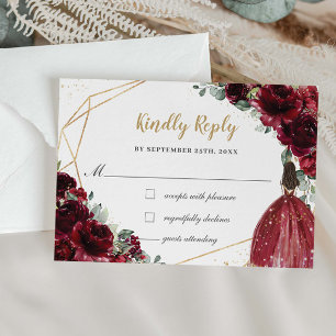 Burgundy Red Floral Quinceañera Princess Reply  RSVP Card