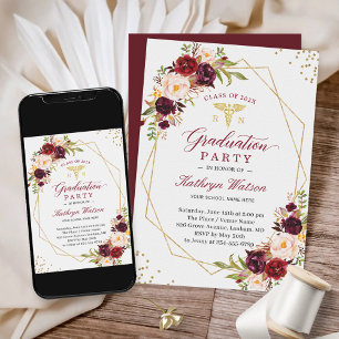 Burgundy Red Floral Registered Nurse Graduation Invitation