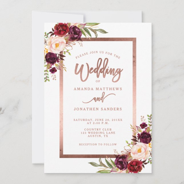 Burgundy Red Floral Rose Gold RSVP Wedding Invitation (Front)