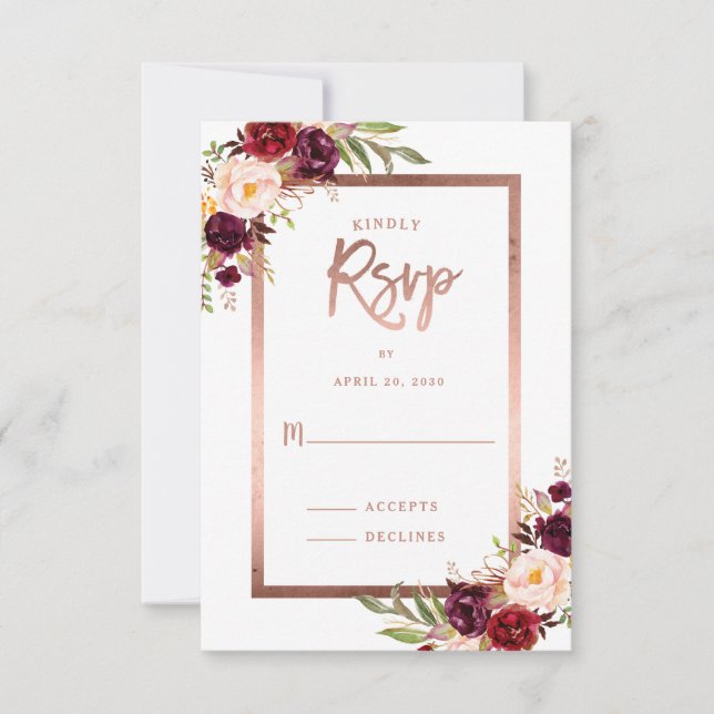Burgundy Red Floral Rose Gold Wedding RSVP (Front)