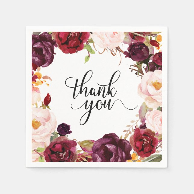 Burgundy Red Floral Rustic Boho Paper Napkin (Front)