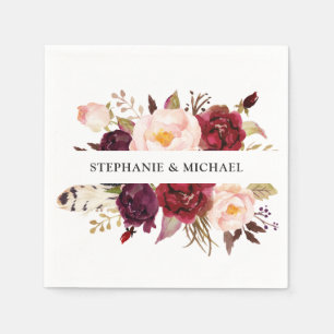 Burgundy Red Floral Rustic Boho Paper Napkin