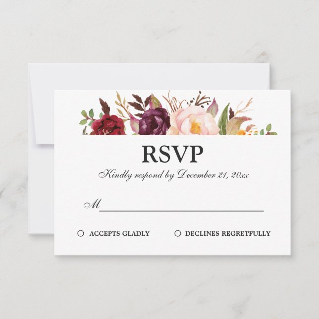Burgundy Red Floral Rustic Boho RSVP (Front)