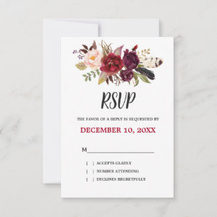 Burgundy Red Floral Rustic Boho RSVP Card