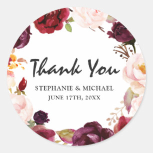 Burgundy Red Floral Rustic Boho Thank You Classic Round Sticker