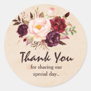 Burgundy Red Floral Rustic Boho Thank You Classic Round Sticker