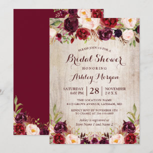 Burgundy Red Floral Rustic County Bridal Shower Invitation
