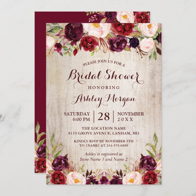 Burgundy Red Floral Rustic County Bridal Shower Invitation (Front/Back)