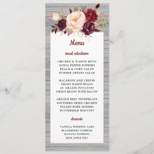 Burgundy Red Floral Rustic Pink Border Wedding Menu