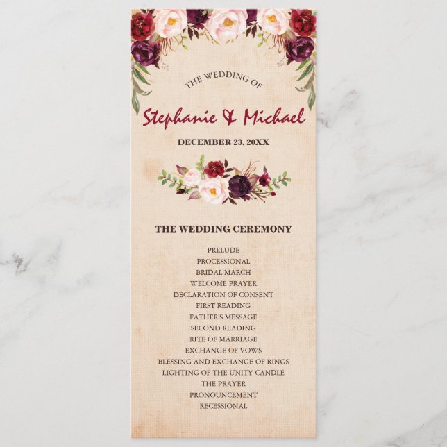 Burgundy Red Floral Rustic Wedding program (Front)