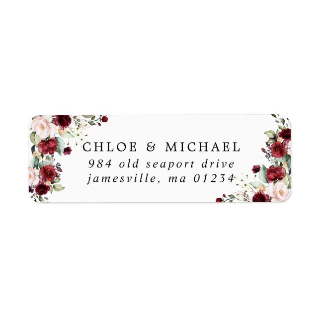 Burgundy Red Floral Rustic Wedding Return Address Label (Front)