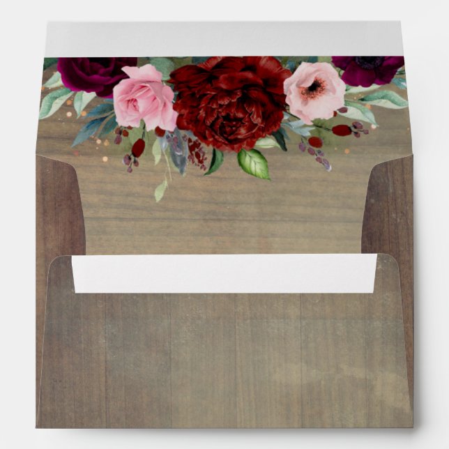 Burgundy Red Floral Rustic Wood Wedding Envelope (Back (Bottom))