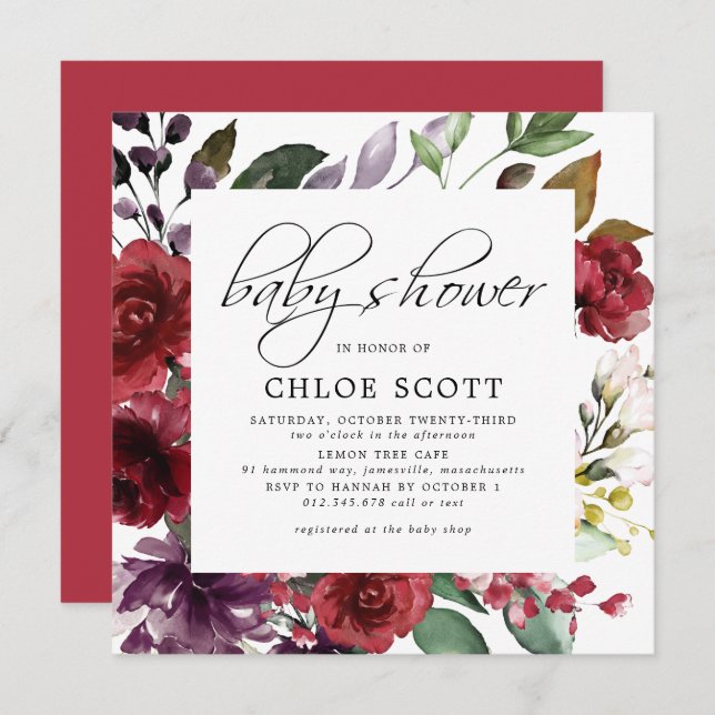Burgundy Red Floral Square Baby Shower Invitation (Front/Back)