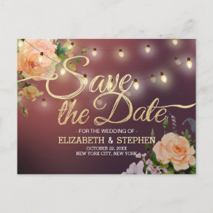 Burgundy Red Floral String Lights Save The Date Announcement Postcard