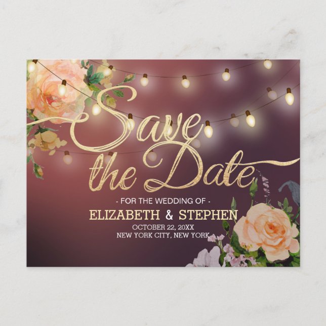 Burgundy Red Floral String Lights Save The Date Announcement Postcard (Front)