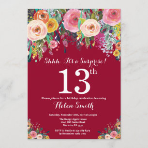 Burgundy Red Floral Surprise 13th Birthday Invitation