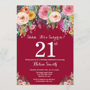 Burgundy Red Floral Surprise 21st Birthday Invitation
