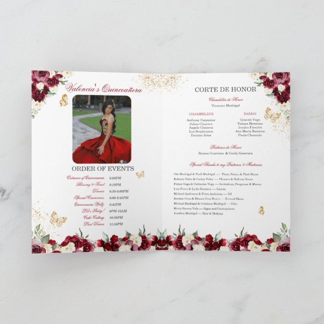 Burgundy Red Floral Tiara Butterfly Quinceanera Program (Inside)