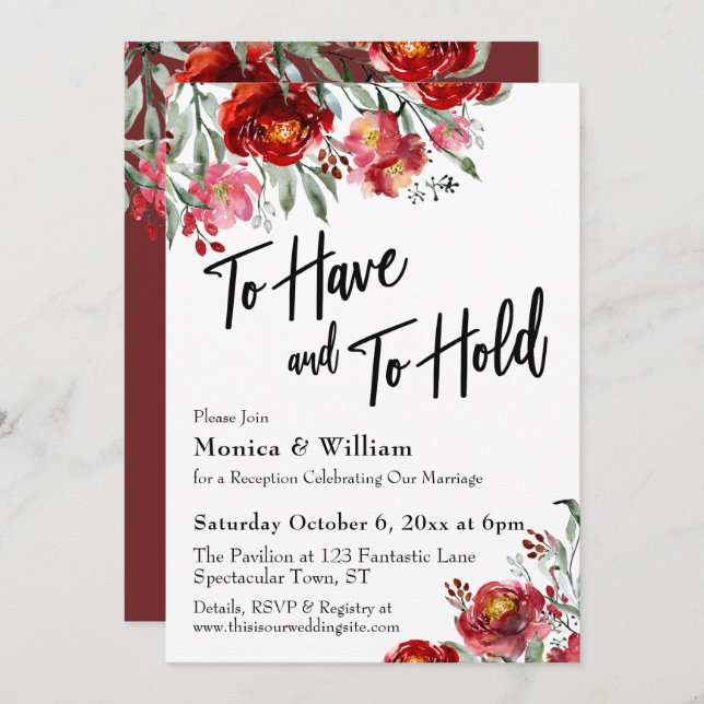 Burgundy Red Floral To Have and to Hold Invitation (Front/Back)