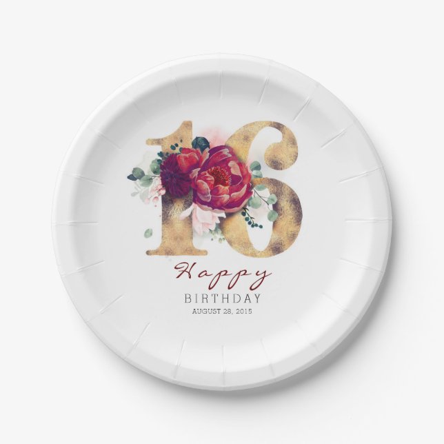 Burgundy Red Floral Typography 16th Birthday Paper Plate (Front)