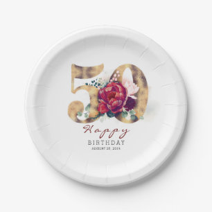 Burgundy Red Floral Typography 50th Birthday Paper Plate