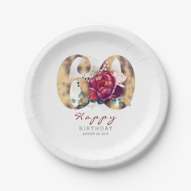 Burgundy Red Floral Typography 60th Birthday Paper Plate (Front)