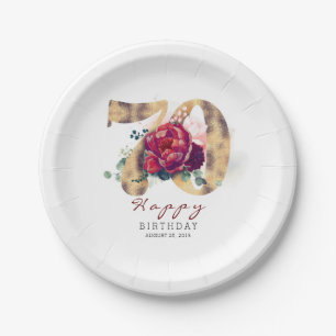 Burgundy Red Floral Typography 70th Birthday Paper Plate