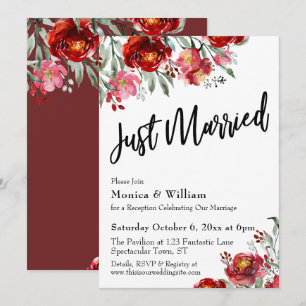 Burgundy Red Floral Typography Just Married Invitation