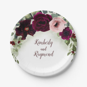 Burgundy Red Floral Watercolor Elegant Garden Paper Plate