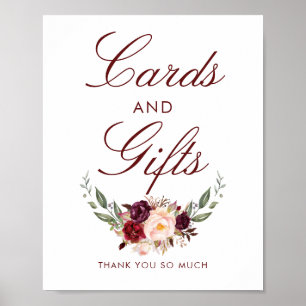 Burgundy Red Floral Wedding Cards and Gifts Sign