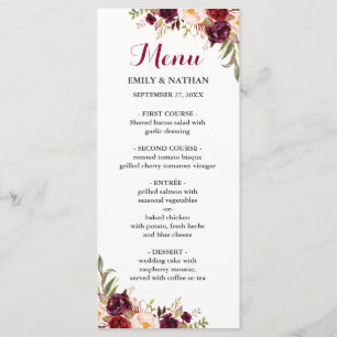 Burgundy Red Floral Wedding Menu