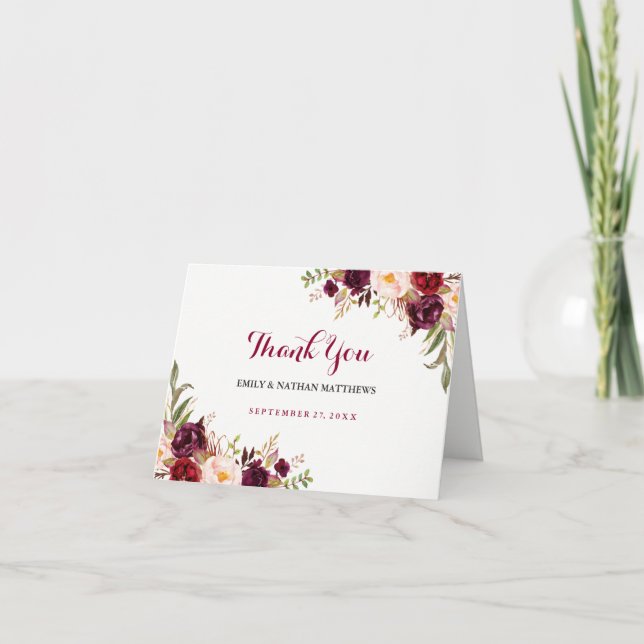 Burgundy Red Floral Wedding Thank You Card (Front)