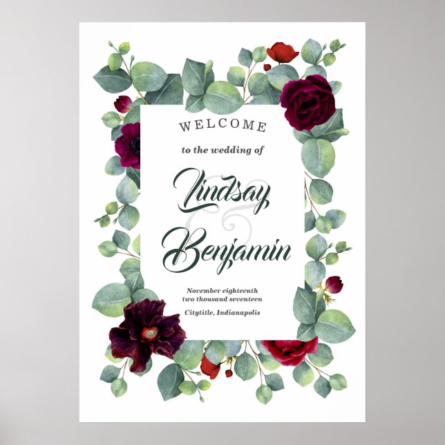 Burgundy Red Floral Wedding Welcome Sign (Front)