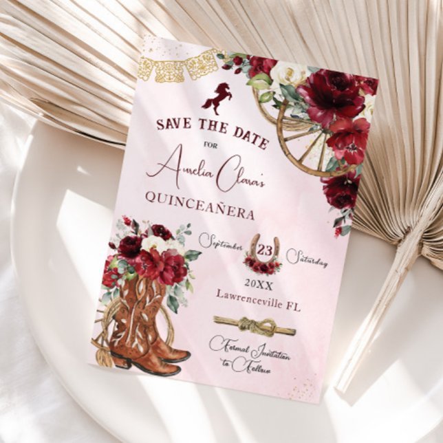 Burgundy Red Floral Wild West Charro Quinceañera  Save The Date (Creator Uploaded)