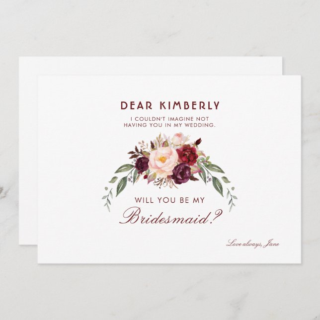Burgundy Red Floral Will You Be My Bridesmaid Invitation (Front/Back)