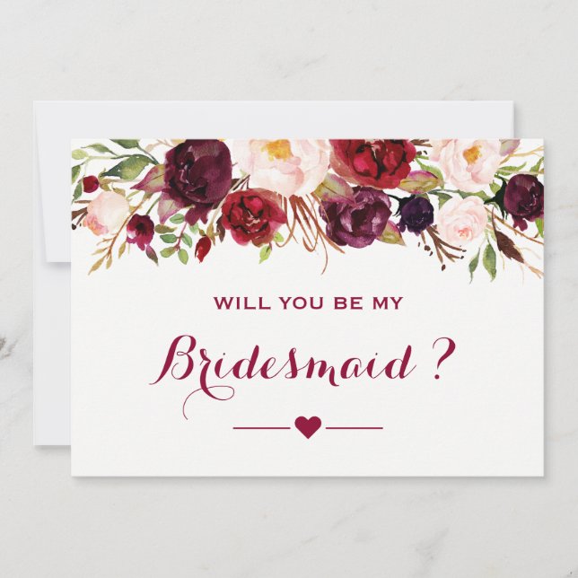 Burgundy Red Floral Will You Be My Bridesmaid Invitation (Front)