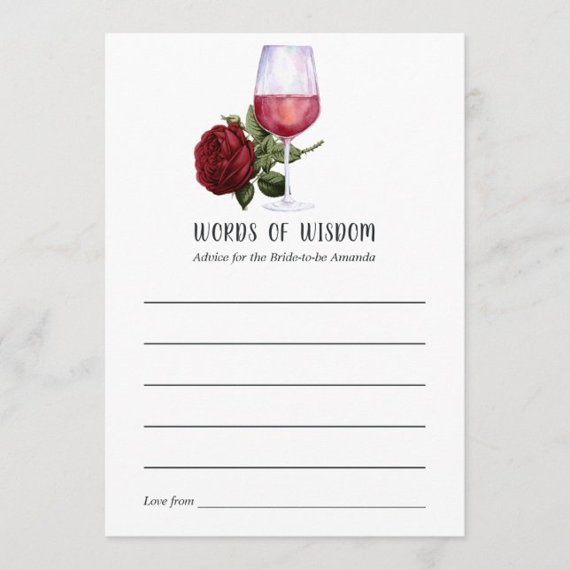 Burgundy Red Floral Wine Tasting Bridal Shower Advice Card (Front)