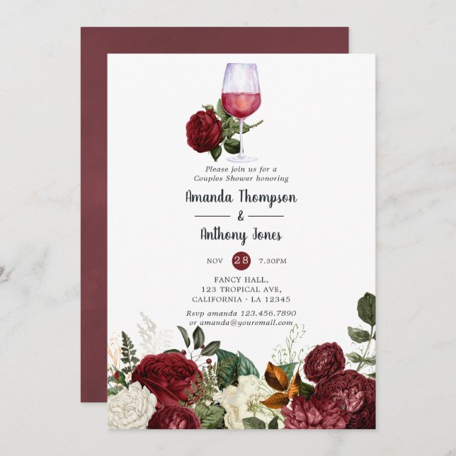 Burgundy Red Floral Wine Tasting Couples Shower Invitation (Front/Back)