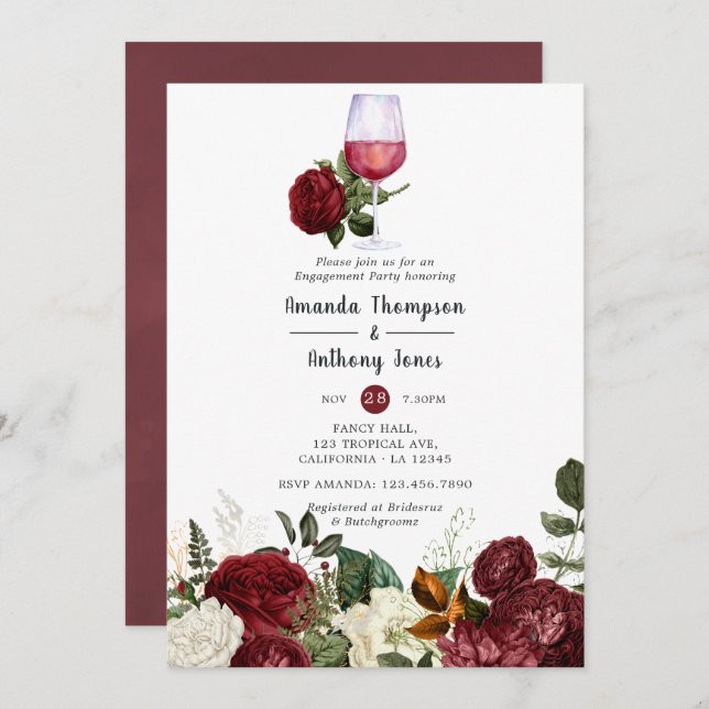 Burgundy Red Floral Wine Tasting Engagement Party Invitation (Front/Back)