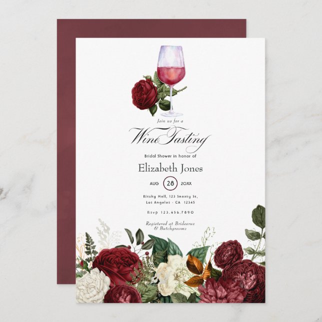 Burgundy Red Floral Wine themed Bridal Shower Invitation (Front/Back)