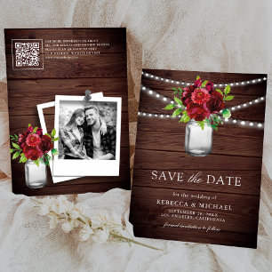 Burgundy Red Floral Wood QR Code Wedding Photo Save The Date