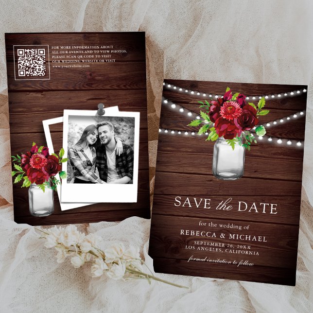 Burgundy Red Floral Wood QR Code Wedding Photo Save The Date (Creator Uploaded)