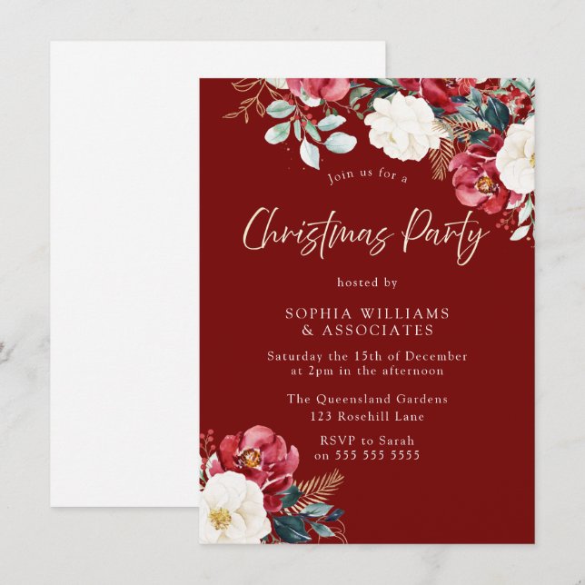 Burgundy Red Floral Work or Family Christmas Party Invitation (Front/Back)