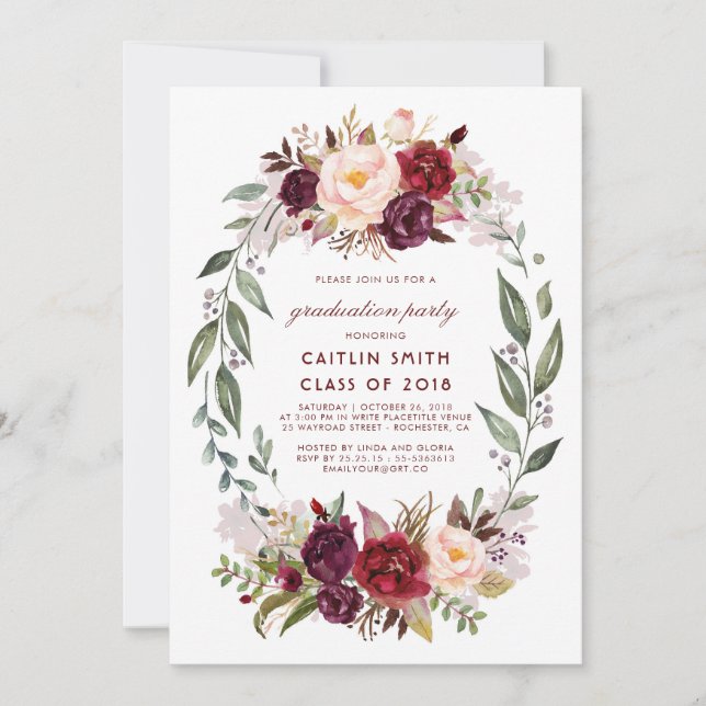 Burgundy Red Floral Wreath Graduation Party Invitation (Front)