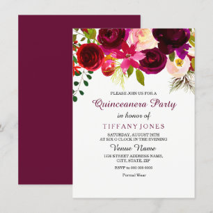 Burgundy Red Flower Quinceanera Party Invite