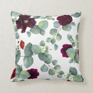 Burgundy Red Flowers and Eucalyptus Greenery Cushion