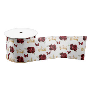 Burgundy Red Flowers and Gold Crowns Satin Ribbon